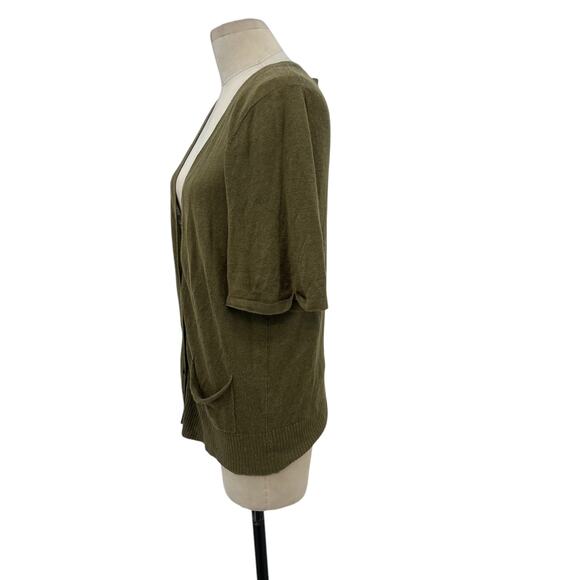 Eileen‎ Fisher Cardigan Sweater Knit Short Sleeve Linen Silk Olive Green Large - Picture 5 of 9